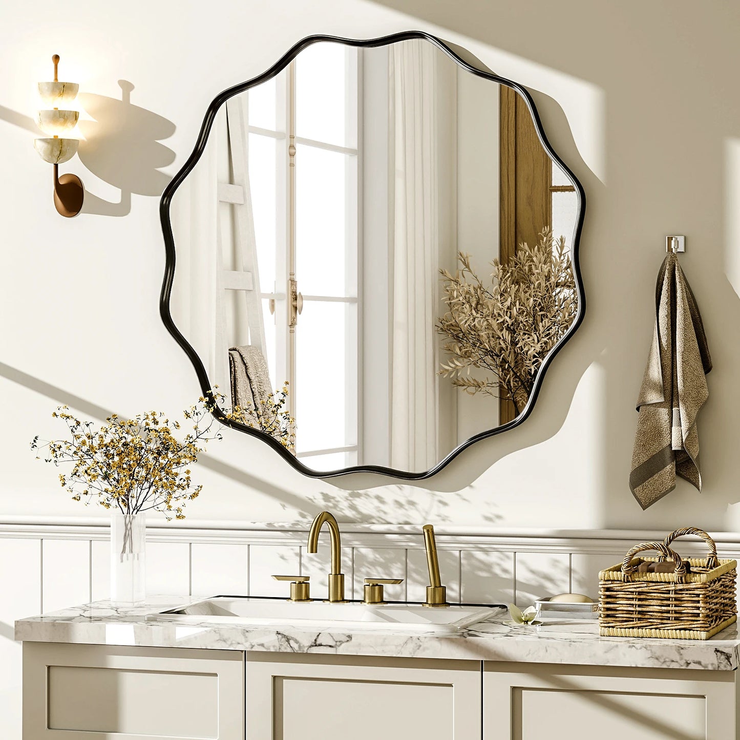 Wavy Round Decorative Wall Mirror with Deep Frame