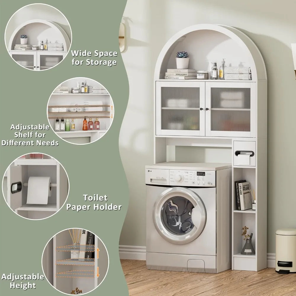 31''W Arched Over The Toilet Storage Cabinet,  Space-Saving Bathroom Organizer with Adjustable Shelf and Acrylic Doors