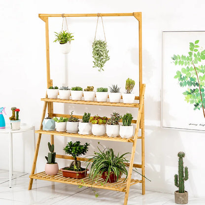 Folding Bamboo Plant Stand, Flower Pot Shelf, Multi-Use for Greenhouse Indoor and Outdoor, 3 Tier