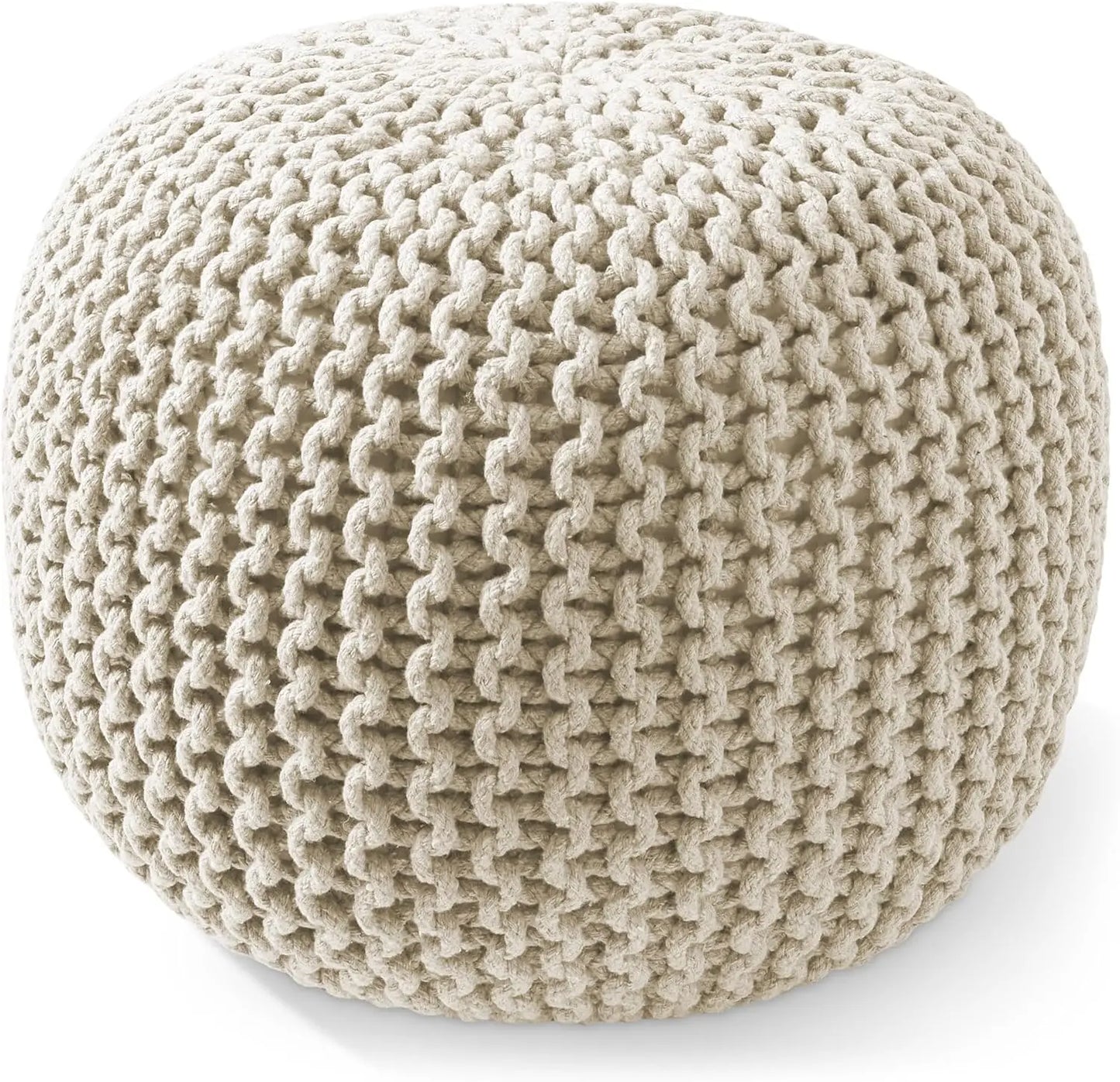 Round Pouf Ottoman, Natural Cotton Knit Foot Stool