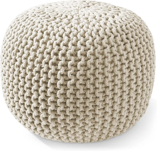 Round Pouf Ottoman, Natural Cotton Knit Foot Stool