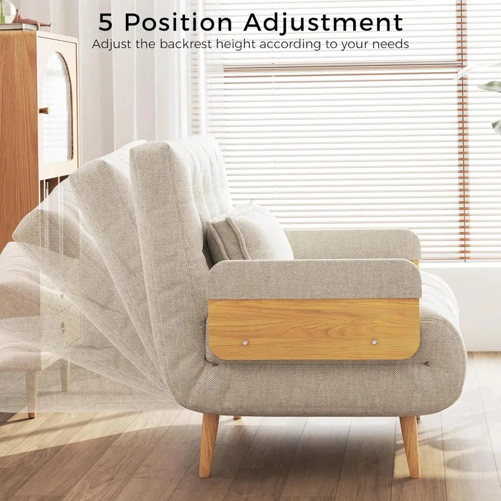 Linen 3-in-1 Convertible Chair Sleeper for Adults Foldable Single Futon with Wooden Arms And Pillows - Comfortabl，Customized