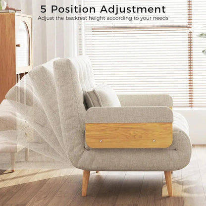 Linen 3-in-1 Convertible Chair Sleeper for Adults Foldable Single Futon with Wooden Arms And Pillows - Comfortabl，Customized