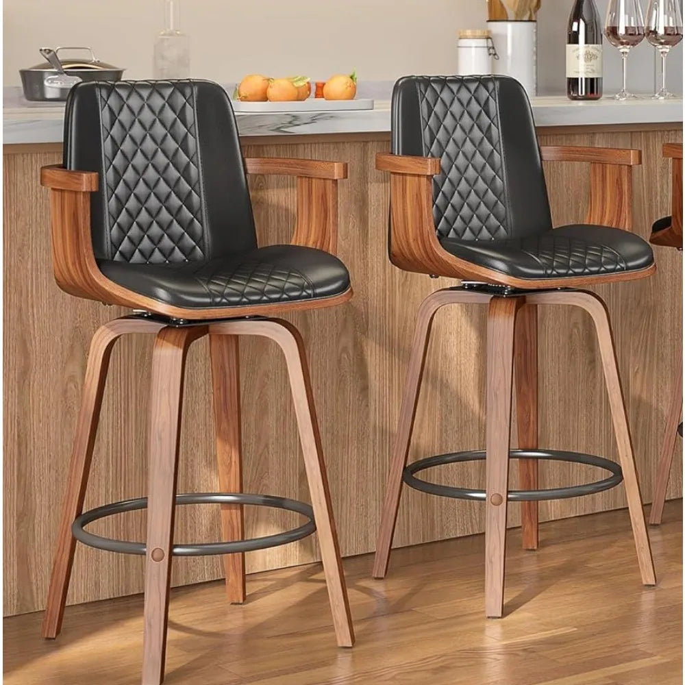 Set of 2, 26 Inch Counter Height Swivel Upholstered PU Leather Bar Stools with Arms
