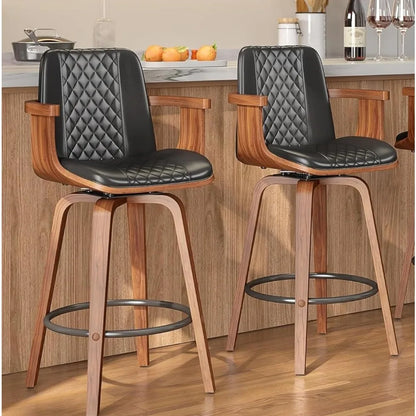 Set of 2, 26 Inch Counter Height Swivel Upholstered PU Leather Bar Stools with Arms