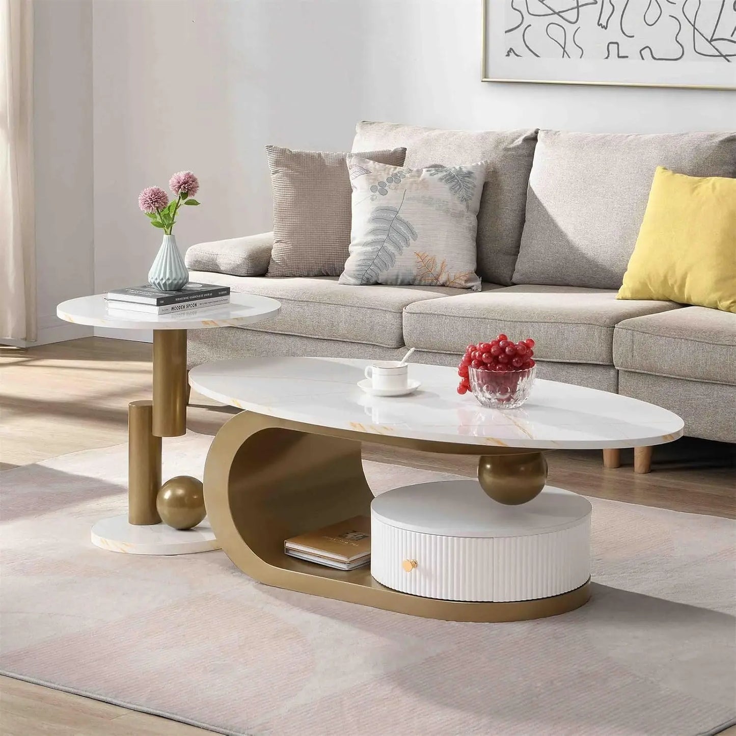 2 Piece Living Room Set, Faux Marble Tabletop, Oval Coffee and End Table Set