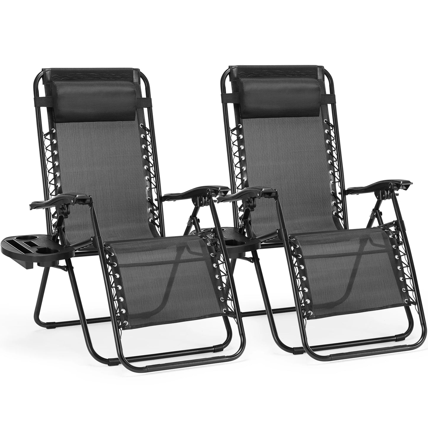 Set of 2 Zero Gravity Portable Recliner with Cup Holder Trays & Adjustable Pillow