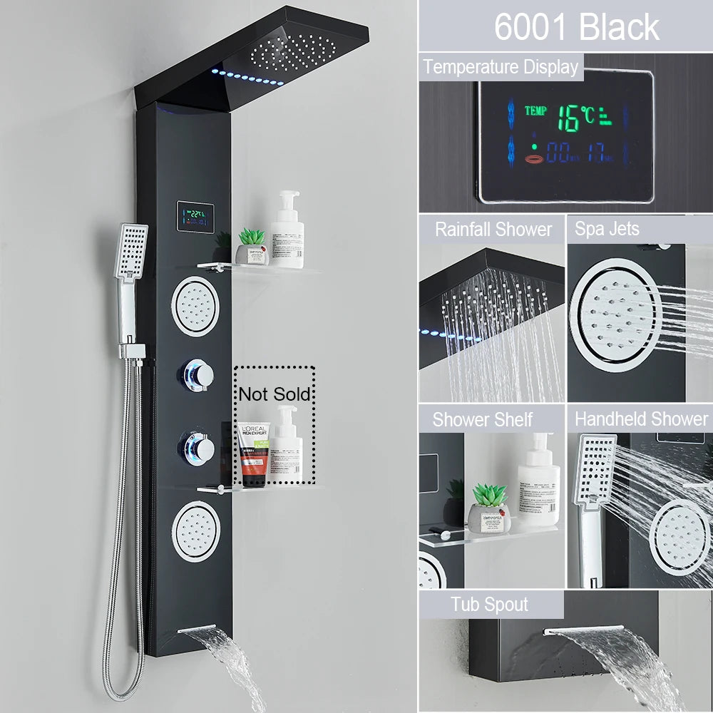 LED Shower Panel with Rainfall/Waterfall and Body Spray Heads