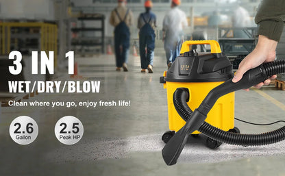 3 in 1 Portable Wet Dry  Shop Vac, 2.6 Gallon 2.5 Peak HP