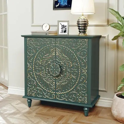 Green Vintage 2-Door Wood Credenza with Carved Flower