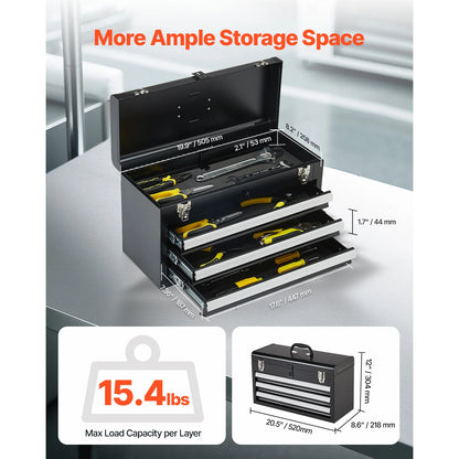 20in 3-Drawer Metal Tool Box, Black/Red, with EVA Liners