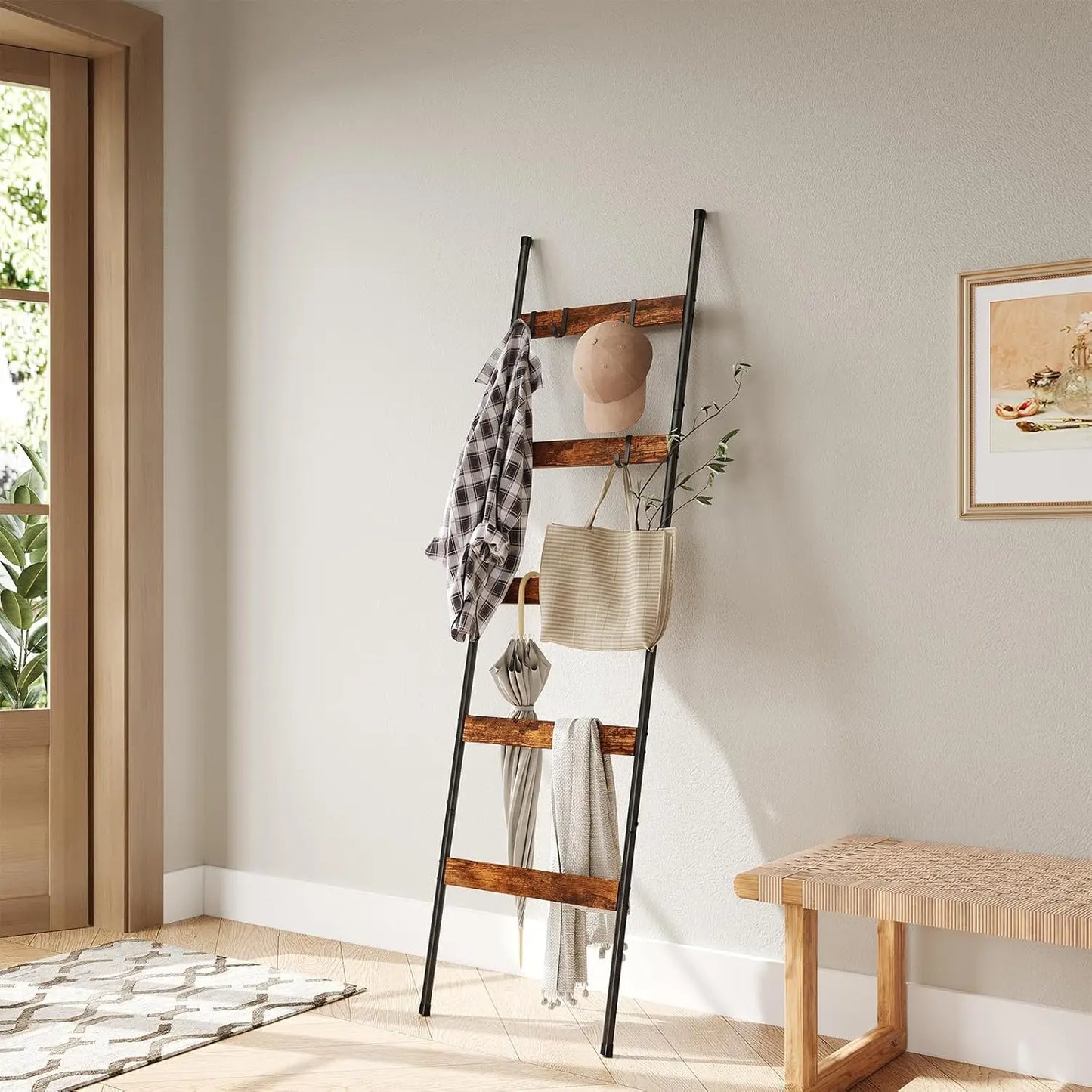 5-Tier Wooden Blanket Ladder with 4 Removable Hooks