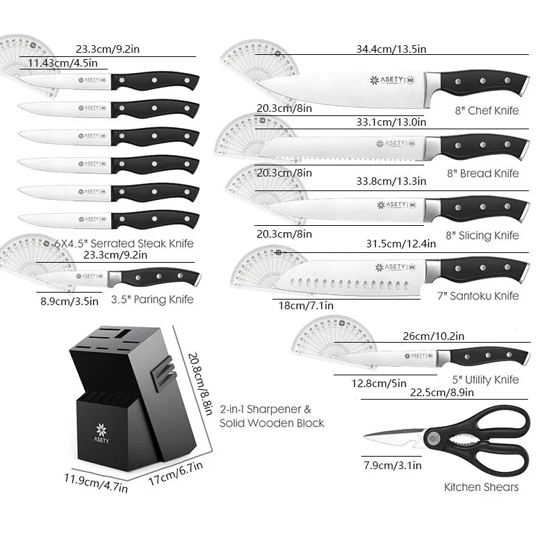 Professional 15 PCS Stainless Steel Kitchen Knife Set With Built-in Knife Sharpener Block