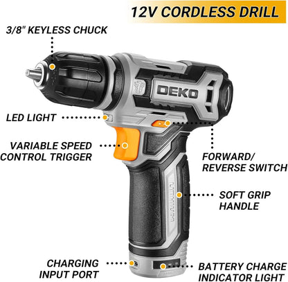 Home Mechanic Toolbox with Hand Tools Combo and 12V Power Cordless Drill Hand