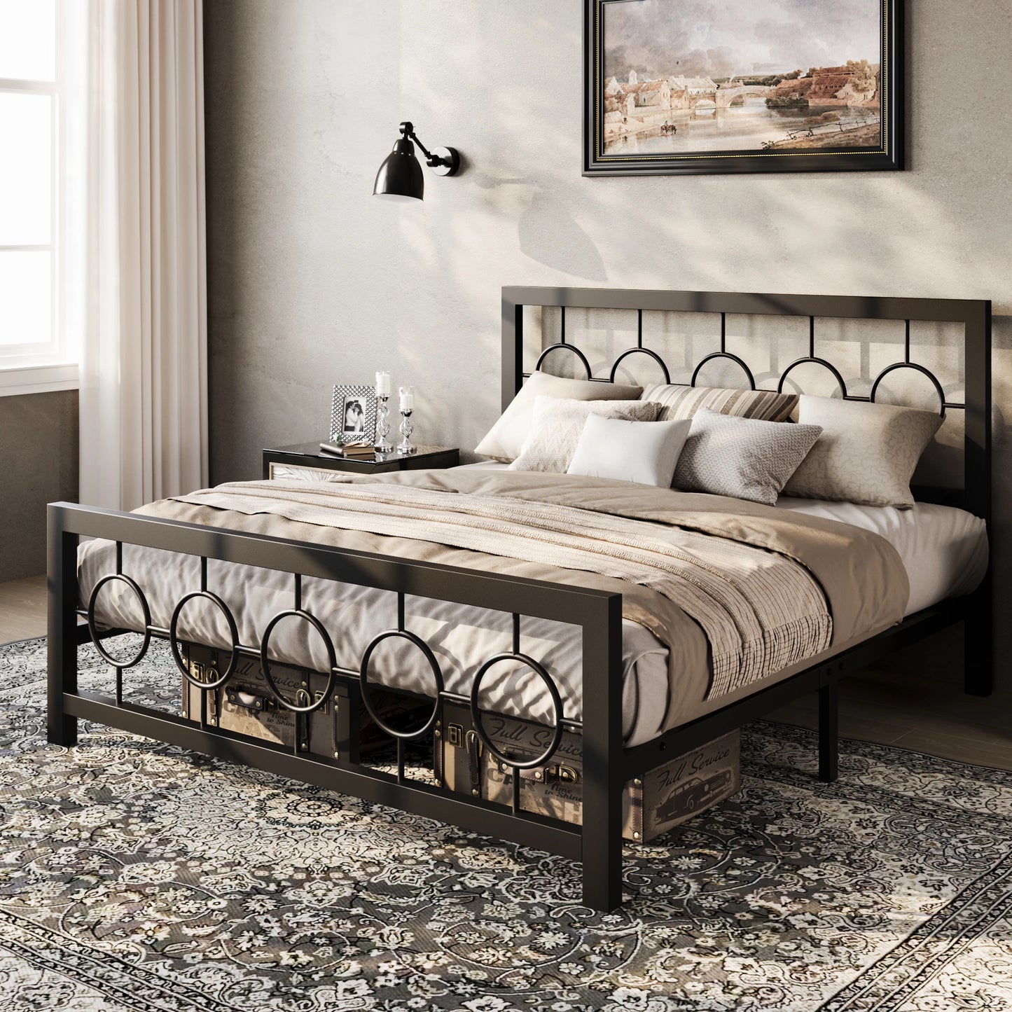 Twin/Full/Queen/King Metal Bed Frame with Vintage Circular Design Headboard and Footboard, Extra Under-Bed Storage