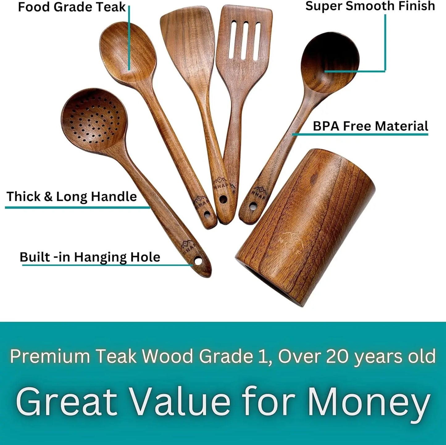 Teak Wooden Utensil Set with Holder & Bag