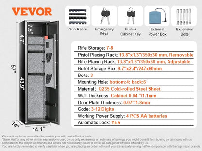Gun Safe for 3 - 8 Firearms w/ Digital Keypad & Key Lock; Removable Storage Shelf for Long Guns and Pistols
