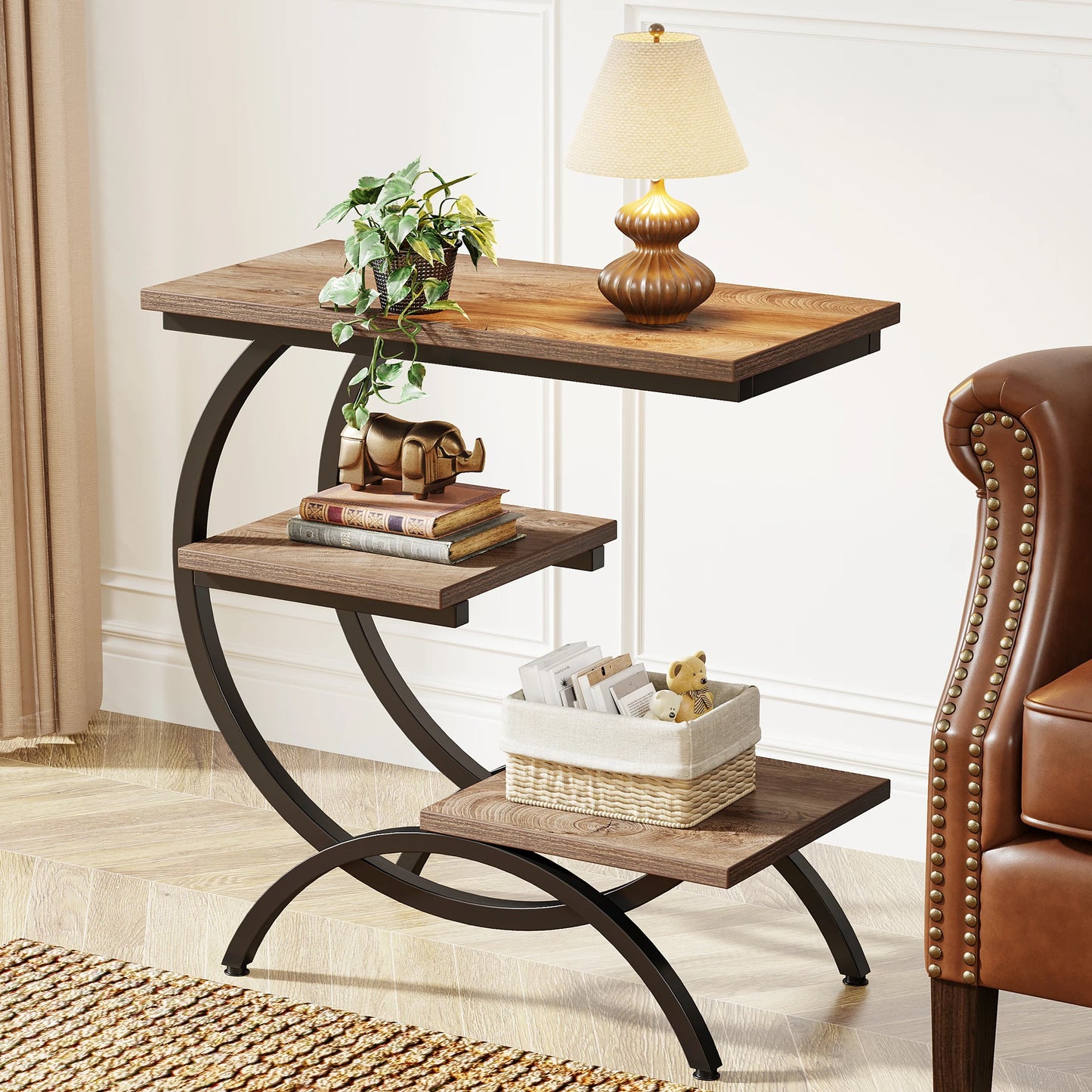 C-Shaped  3-Tier Wood End Table,