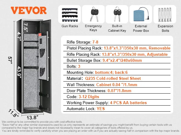 Gun Safe for 3 - 8 Firearms w/ Digital Keypad & Key Lock; Removable Storage Shelf for Long Guns and Pistols