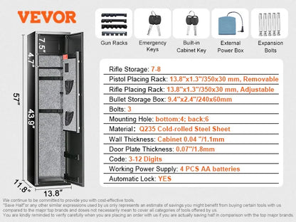 Gun Safe for 3 - 8 Firearms w/ Digital Keypad & Key Lock; Removable Storage Shelf for Long Guns and Pistols