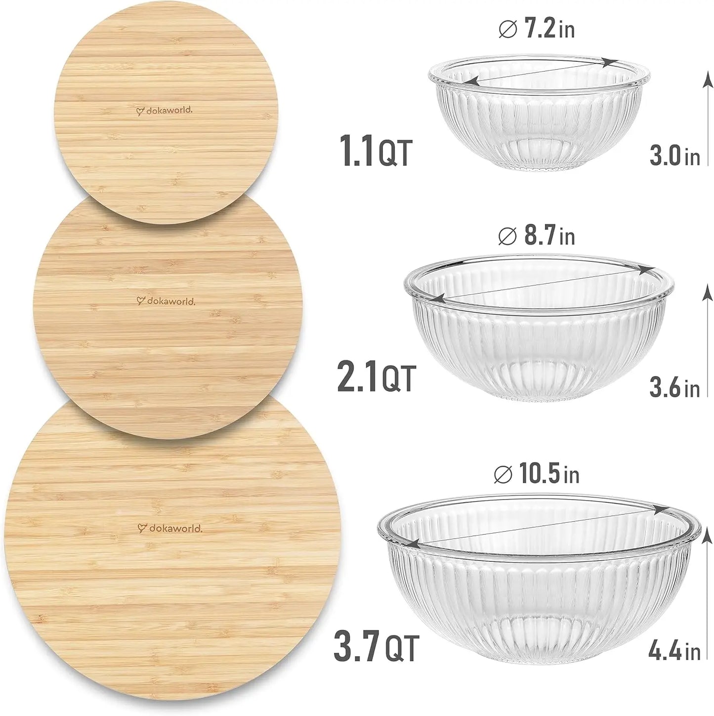 3-Piece Stackable Glass Bowl Set with Bamboo Lids - Microwave, Oven Safe, BPA Free for Food Prep & Storage