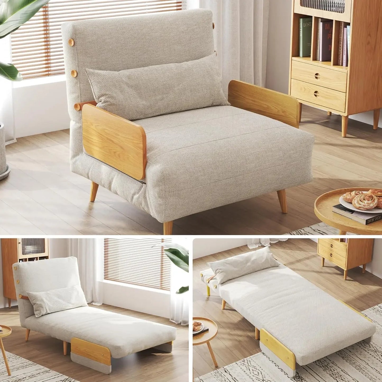 Linen 3-in-1 Convertible Chair Sleeper for Adults Foldable Single Futon with Wooden Arms And Pillows - Comfortabl，Customized