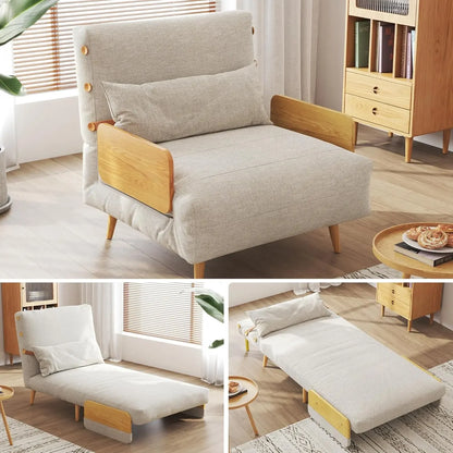 Linen 3-in-1 Convertible Chair Sleeper for Adults Foldable Single Futon with Wooden Arms And Pillows - Comfortabl，Customized