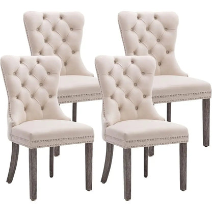 Velvet Tufted Dining Chairs with Solid Wood Legs, Nail Head Trim and Back Ring Pull, Set of 4