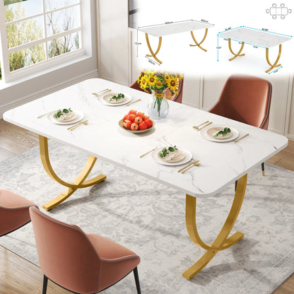 Modern 63-Inch Rectangular Dining Table, Faux Marble Top with Metal Base  for 4 to 6