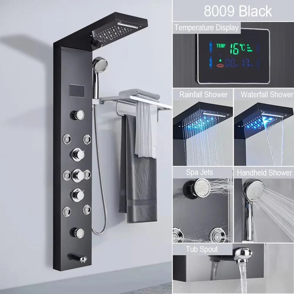 LED Shower Panel with Rainfall/Waterfall and Body Spray Heads