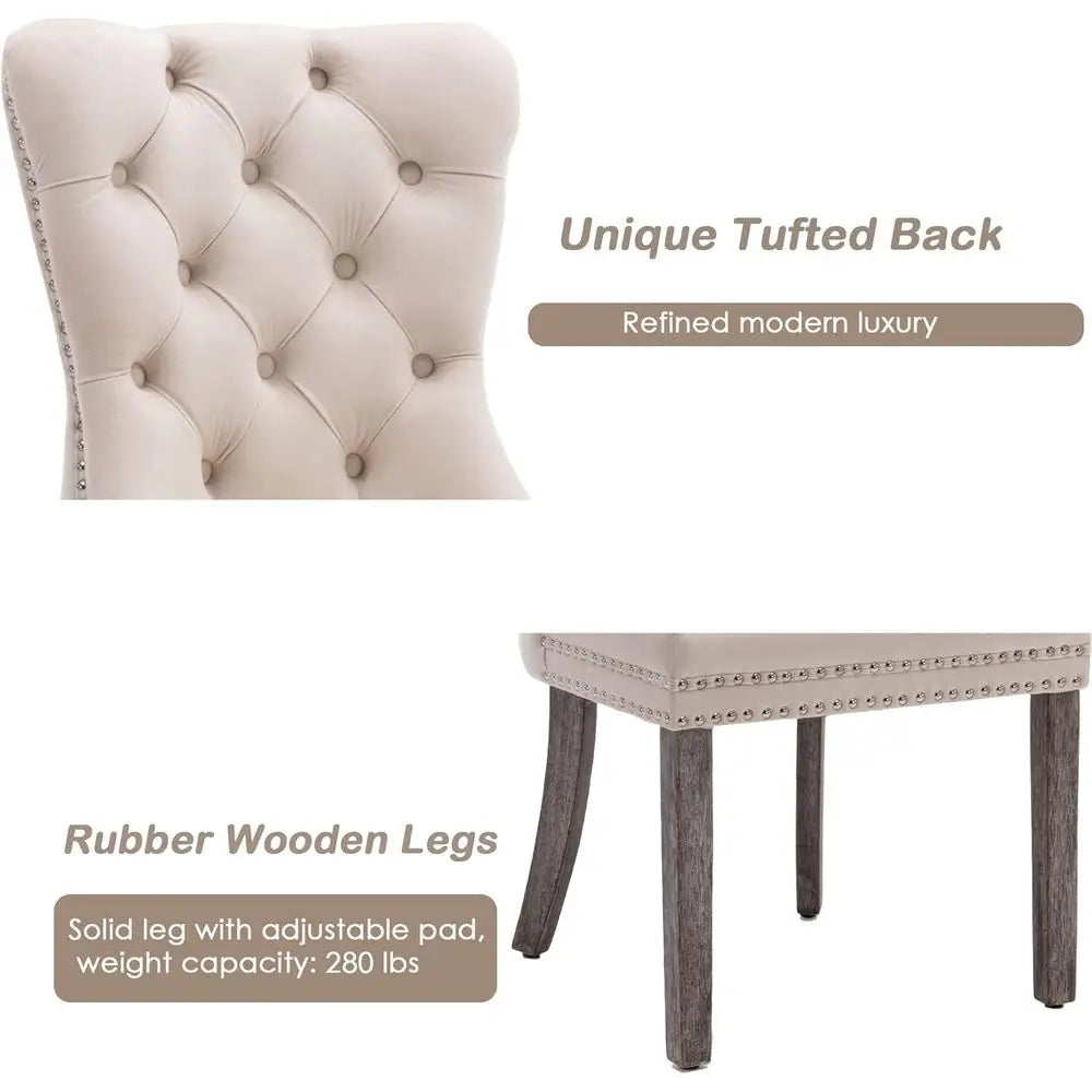 Velvet Tufted Dining Chairs with Solid Wood Legs, Nail Head Trim and Back Ring Pull, Set of 4