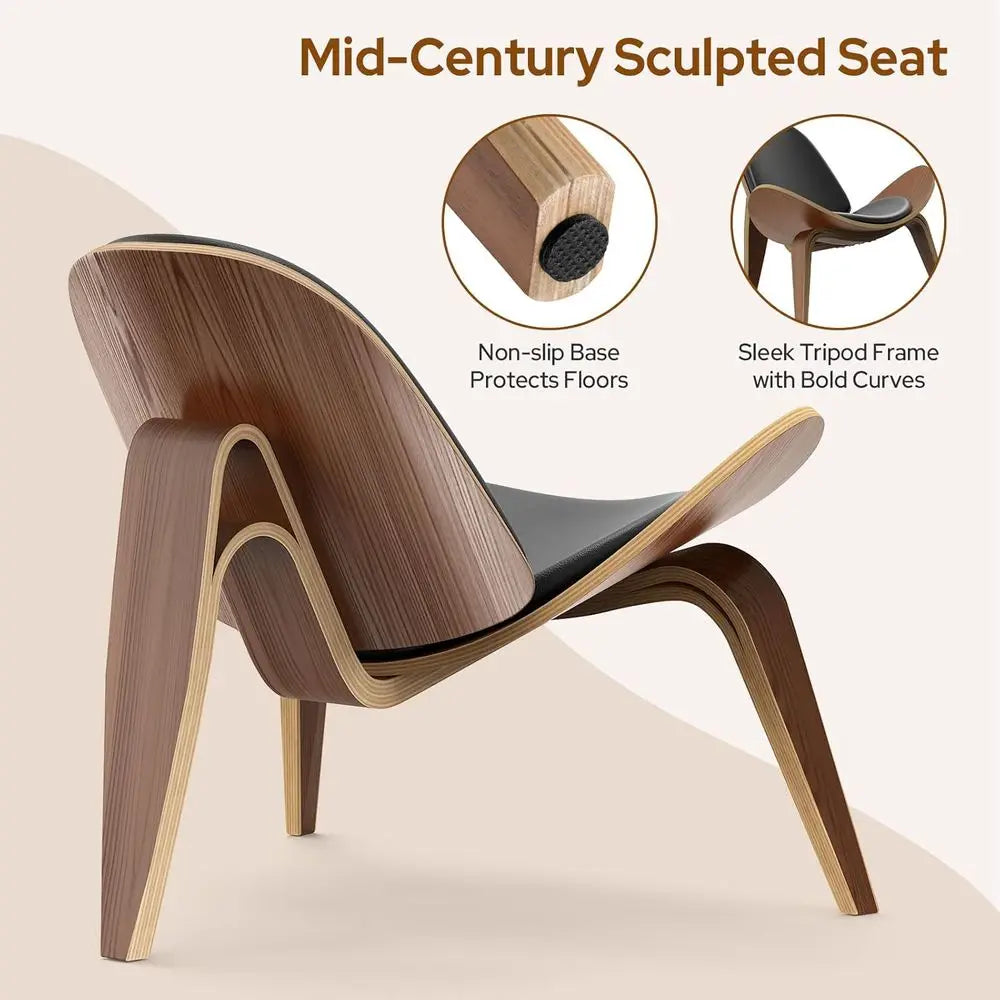 Modern Tripod Plywood Lounge Chair, Faux Leather, Elegant Walnut Accent for Living Spaces and Offices