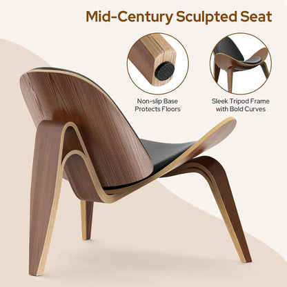 Modern Tripod Plywood Lounge Chair, Faux Leather, Elegant Walnut Accent for Living Spaces and Offices