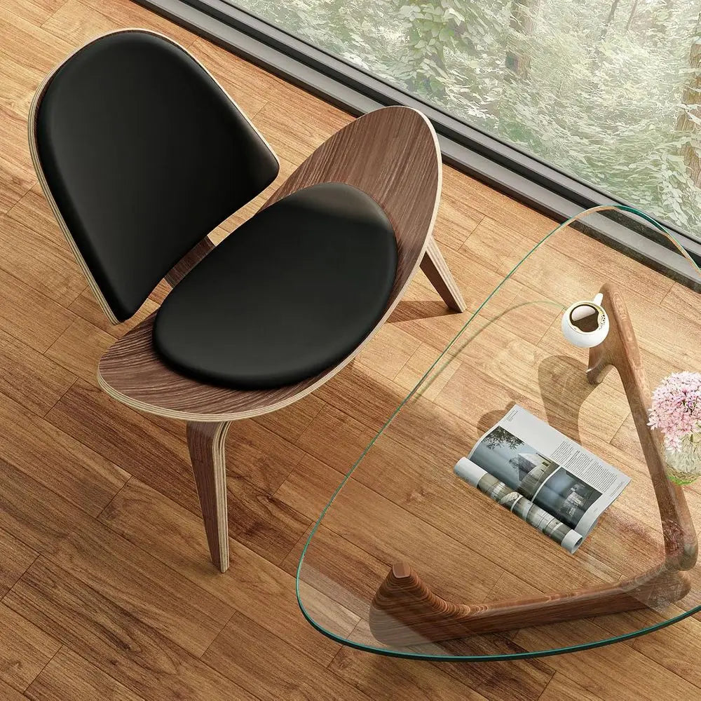 Modern Tripod Plywood Lounge Chair, Faux Leather, Elegant Walnut Accent for Living Spaces and Offices