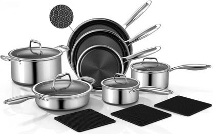 14-Piece Stainless Steel Cookware Set with Non-Stick Coating, Induction Compatible & Oven Safe
