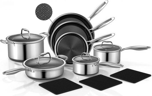 14-Piece Stainless Steel Cookware Set with Non-Stick Coating, Induction Compatible & Oven Safe