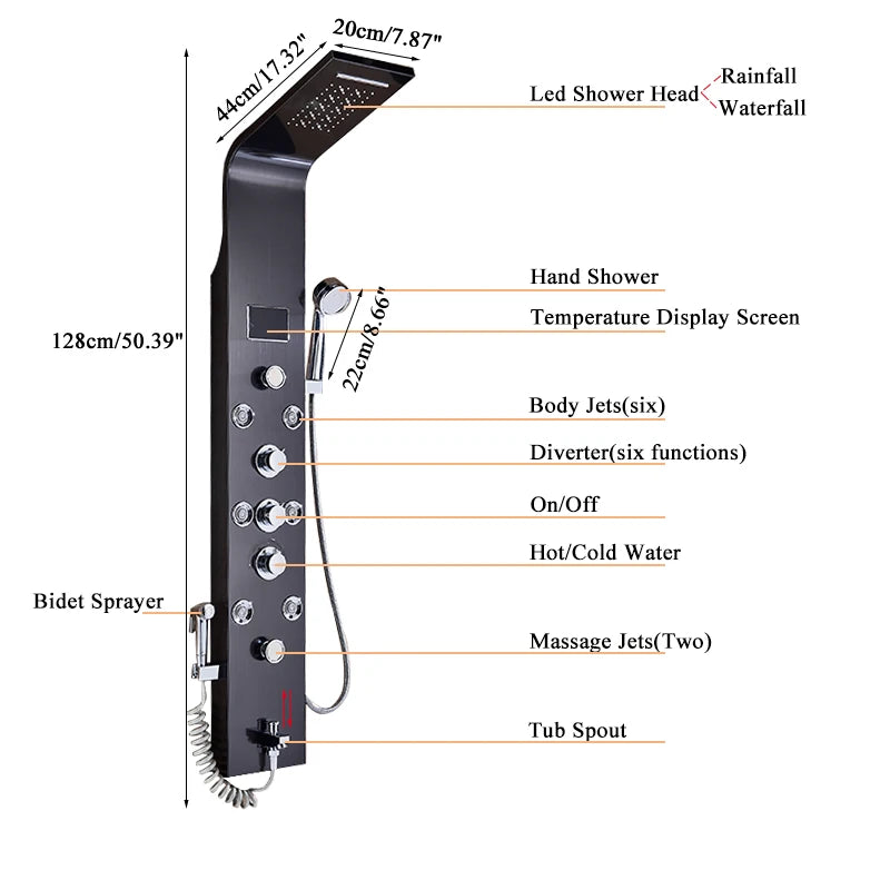 LED Shower Panel with Rainfall/Waterfall and Body Spray Heads