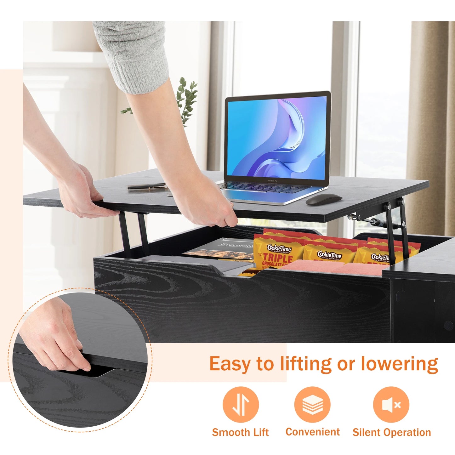 Lift Top Coffee Table, 39.37"x19.7", Adjustable Storage Shelf Easy Lift Or Lower