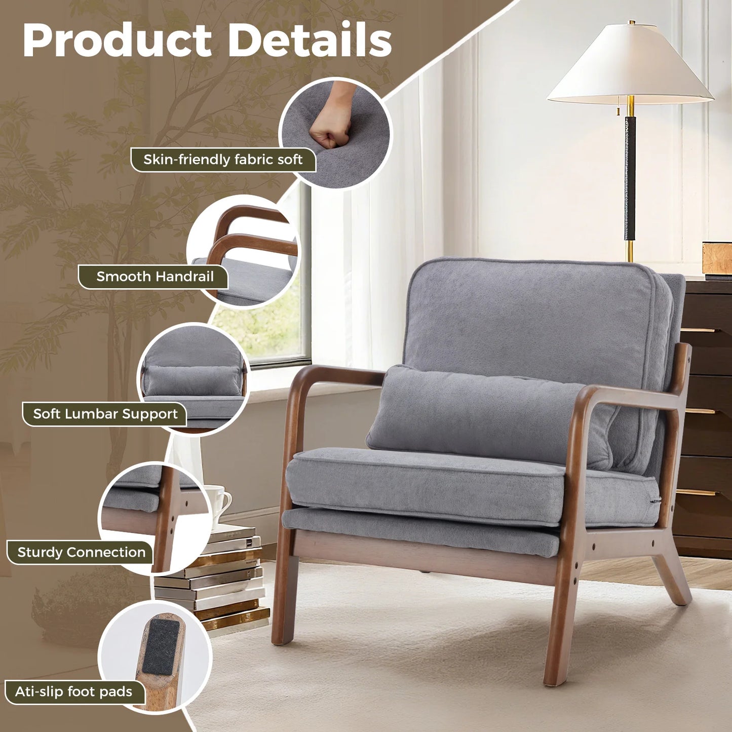 Mid Century Modern Chair with Solid Wooden Frame, Arms, and Waist Cushion