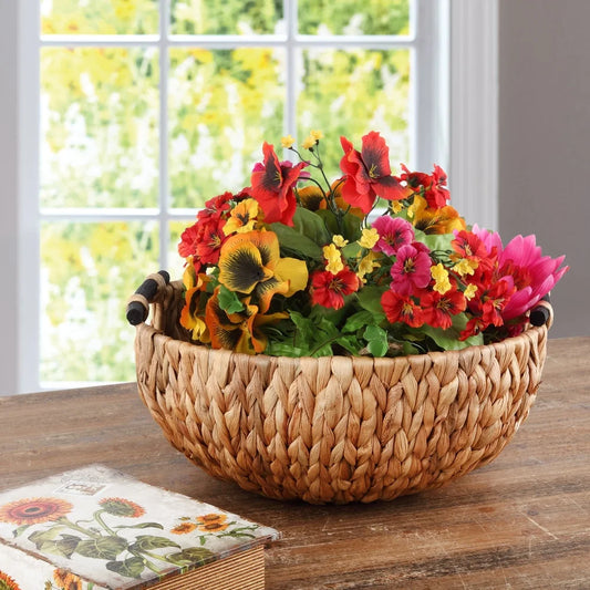Natural Woven Water Hyacinth Decorative Bowl with Wooden Handles