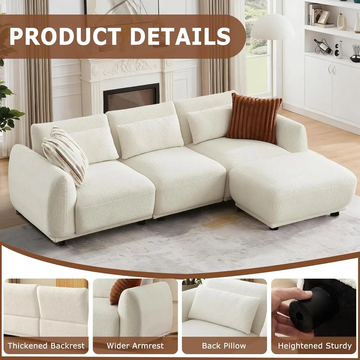 L Shaped Modular Sectional Cloud Sofa with Removable Ottoman; Small Living Room Couch
