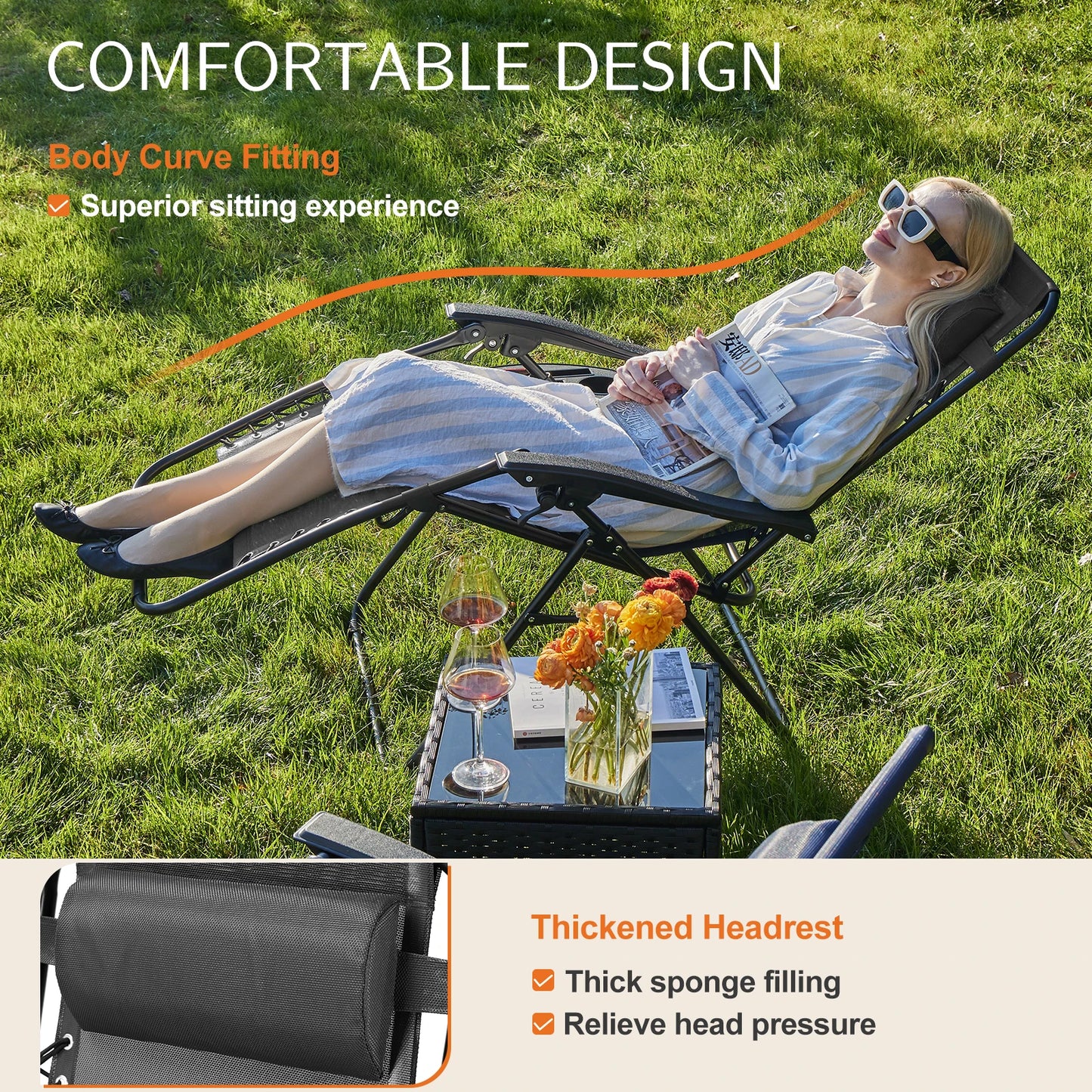 Set of 2 Zero Gravity Portable Recliner with Cup Holder Trays & Adjustable Pillow
