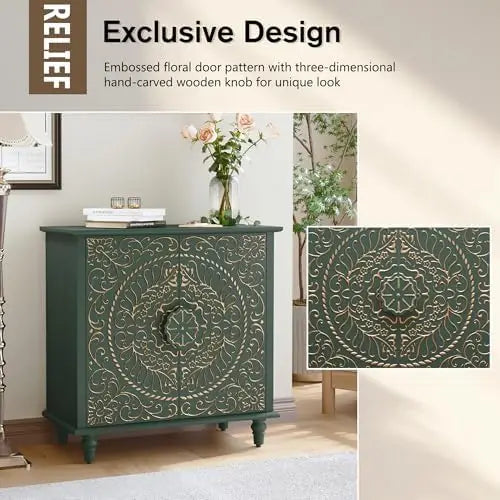 Green Vintage 2-Door Wood Credenza with Carved Flower