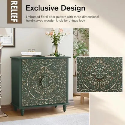 Green Vintage 2-Door Wood Credenza with Carved Flower