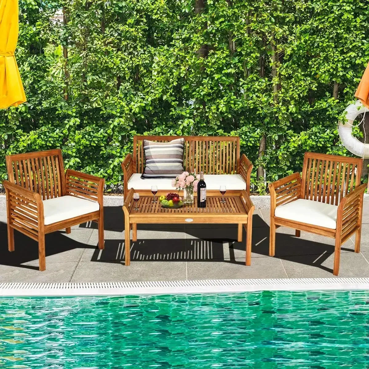 4 Piece Outdoor Acacia Wood Sofa Set with Water Resistant Cushions