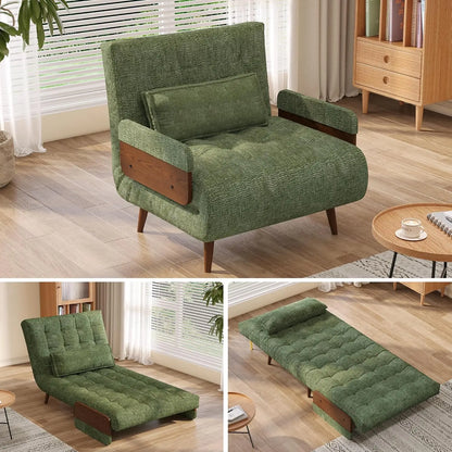 Linen 3-in-1 Convertible Chair Sleeper for Adults Foldable Single Futon with Wooden Arms And Pillows - Comfortabl，Customized