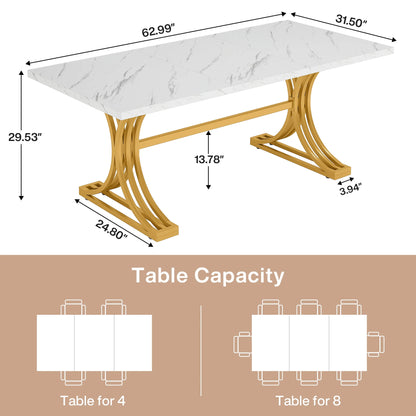 Modern 63-Inch Rectangular Dining Table, Faux Marble Top with Metal Base  for 4 to 6