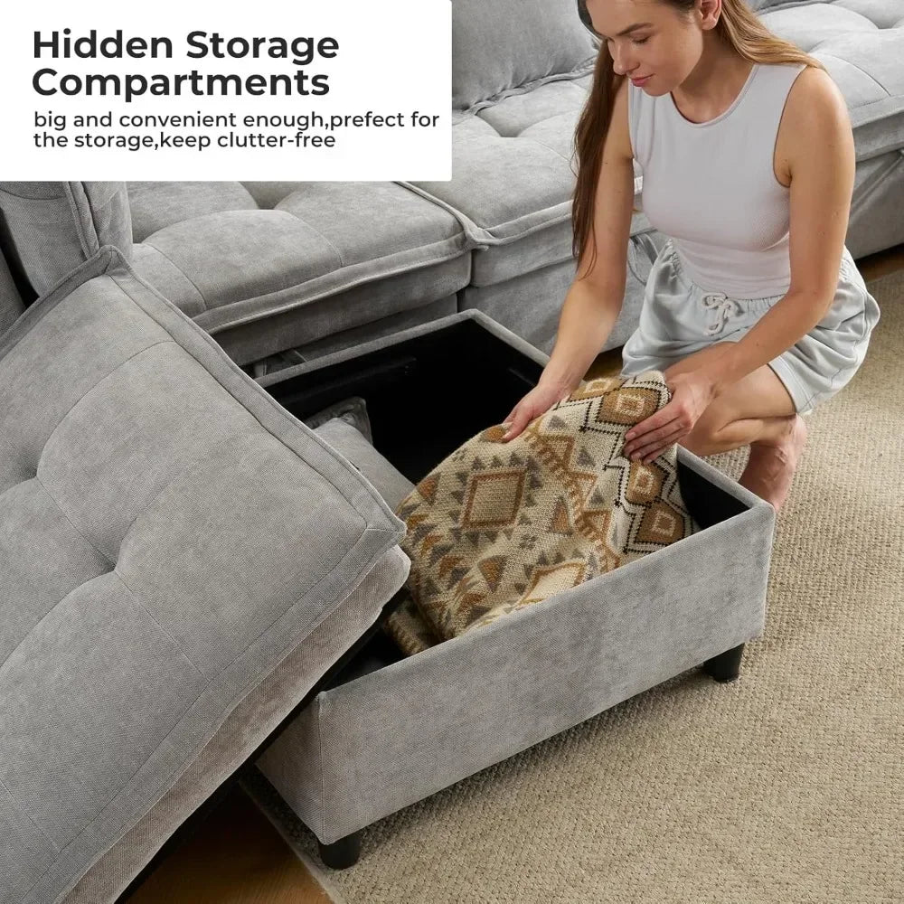Modern Modular Sectional Cloud Sofa with 2 Ottoman with Customized Storage - Color Options