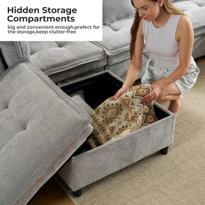 Modern Modular Sectional Cloud Sofa with 2 Ottoman with Customized Storage - Color Options