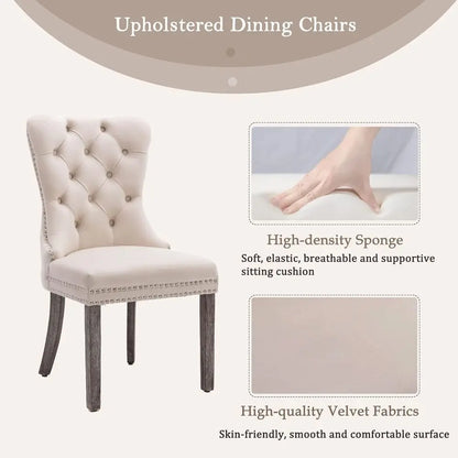 Velvet Tufted Dining Chairs with Solid Wood Legs, Nail Head Trim and Back Ring Pull, Set of 4